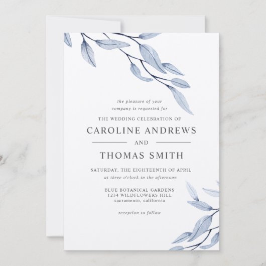 Etheral Blue | Elegant Botanical Leaves bruiloft Kaart (Voorkant)