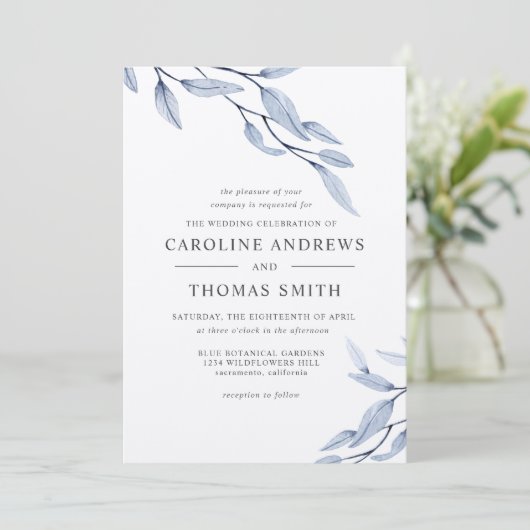 Etheral Blue | Elegant Botanical Leaves bruiloft Kaart (Staand voorkant)