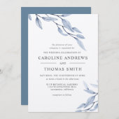 Etheral Blue | Elegant Botanical Leaves bruiloft Kaart (Voorkant / Achterkant)