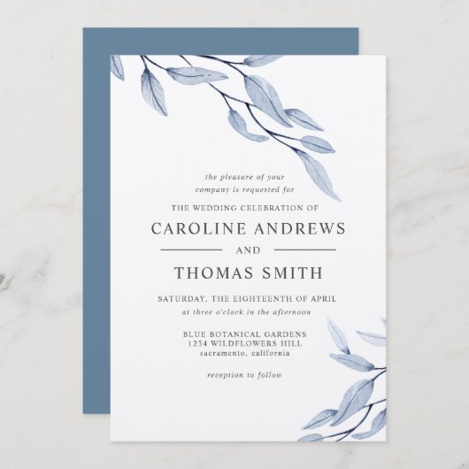 Etheral Blue | Elegant Botanical Leaves bruiloft Kaart (Voorkant / Achterkant)