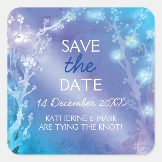 Etheral Blue Forest Wedding Save the Date Vierkante Sticker (Voorkant)