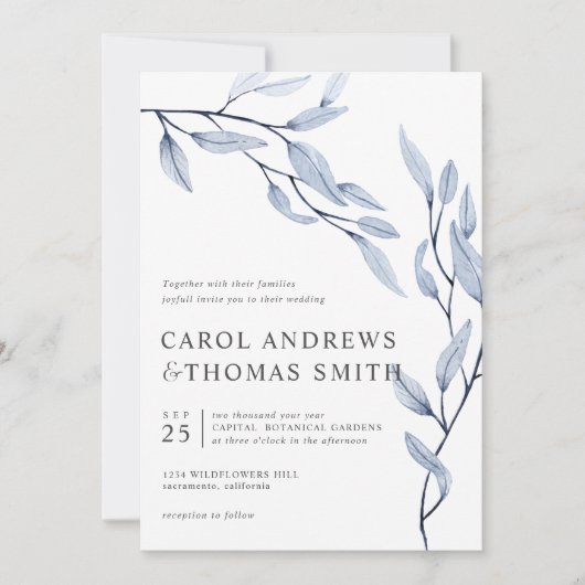 Etheral Blue | Verticale bruiloft met botanische b Kaart (Voorkant)