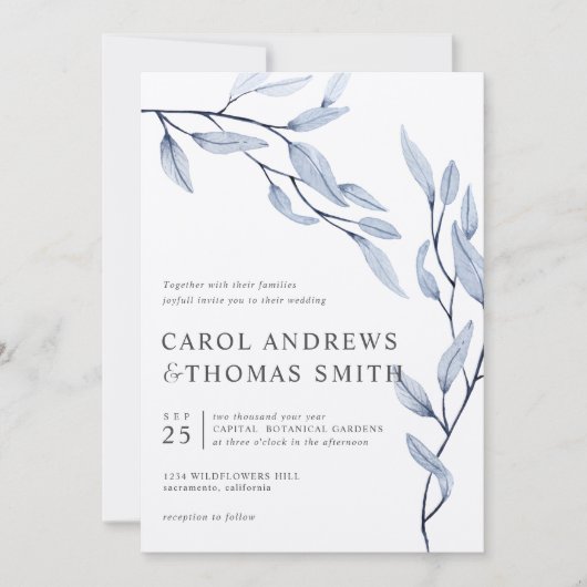 Etheral Blue | Verticale bruiloft met botanische b Kaart (Voorkant)