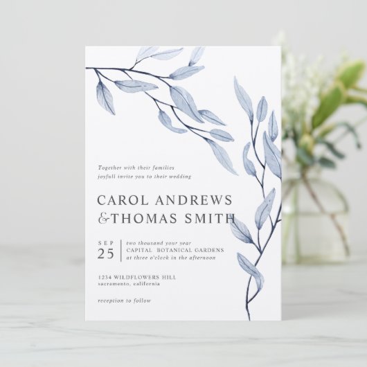 Etheral Blue | Verticale bruiloft met botanische b Kaart (Staand voorkant)