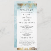 Etheral Blue Waterverf en Gold Wedding Ceremonie Programmakaart (Voorkant / Achterkant)