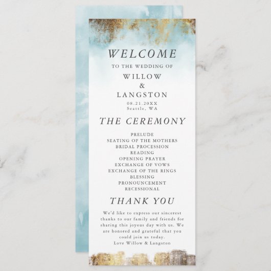 Etheral Blue Waterverf en Gold Wedding Ceremonie Programmakaart (Voorkant / Achterkant)