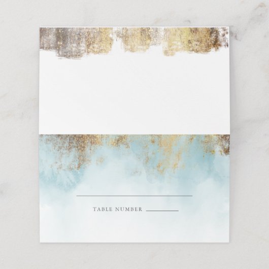 Etheral Blue Waterverf Gold Glitter Wedding Plaatskaartje (Buitenkant ongevouwen)