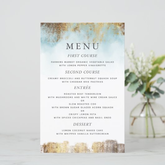 Etheral Blue Waterverf Gold Wedding Dinner Menu (Staand voorkant)