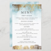 Etheral Blue Waterverf Gold Wedding Dinner Menu (Voorkant / Achterkant)