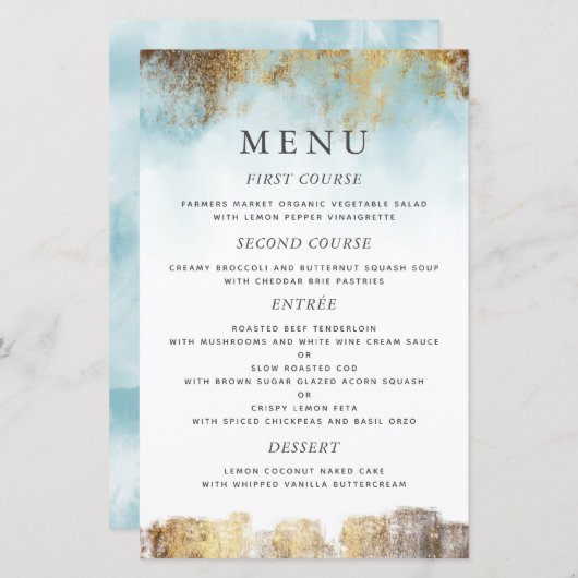 Etheral Blue Waterverf Gold Wedding Dinner Menu (Voorkant / Achterkant)