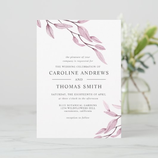 Etheral Burgundy | bruiloft met botanische bladere Kaart (Staand voorkant)