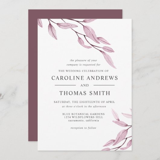 Etheral Burgundy | bruiloft met botanische bladere Kaart (Voorkant / Achterkant)