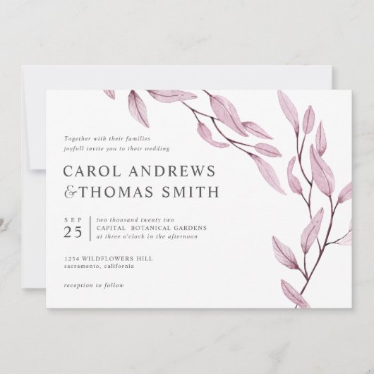 Etheral Burgundy | Chic Botanical Leaves bruiloft Kaart (Voorkant)