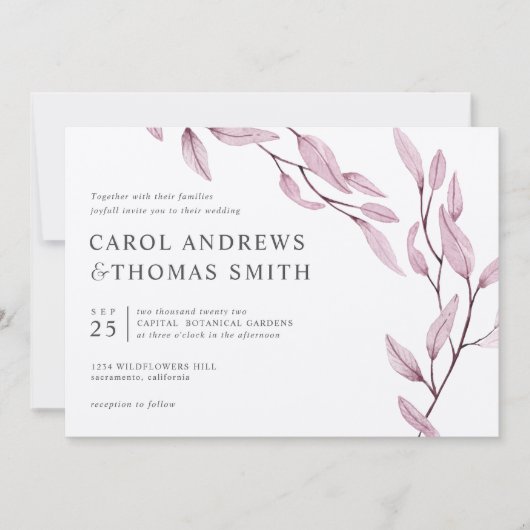 Etheral Burgundy | Chic Botanical Leaves bruiloft Kaart (Voorkant)