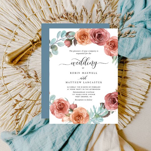 Etheral Dusty Blue, Blush Floral Encircle Wedding Kaart