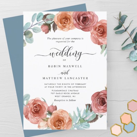Etheral Dusty Blue, Blush Floral Encircle Wedding Kaart
