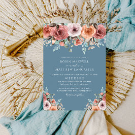 Etheral Dusty Blue en Blush Peach Floral Wedding Kaart