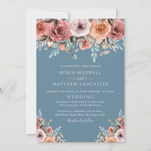 Etheral Dusty Blue en Blush Peach Floral Wedding Kaart (Voorkant)