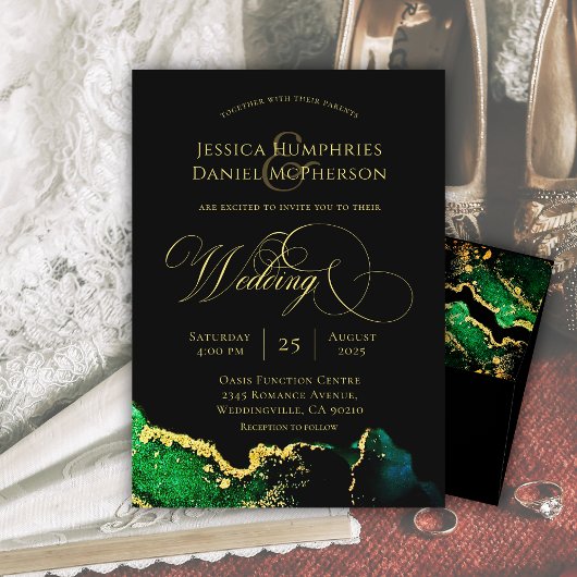 Etheral Emerald Green Gold Wedding Uitnodiging