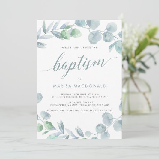 Etheral Eucalyptus Dusty Blue Baptisme Kaart (Staand voorkant)
