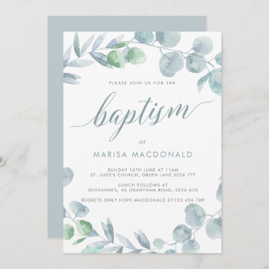 Etheral Eucalyptus Dusty Blue Baptisme Kaart (Voorkant / Achterkant)