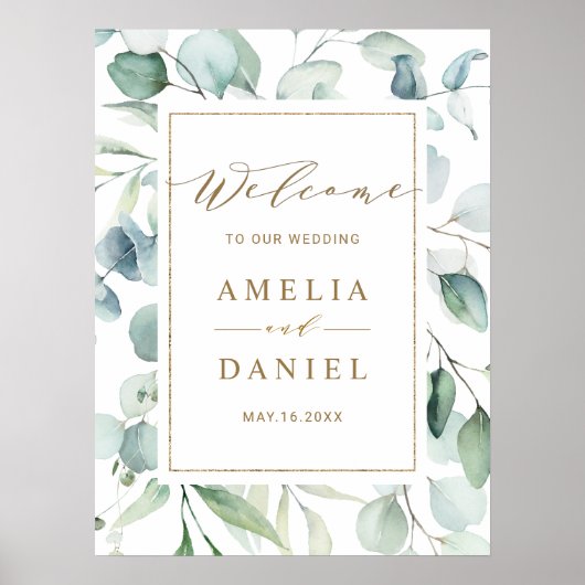 Etheral Eucalyptus Gold Greenery Weddenschap Welko Poster (Voorkant)