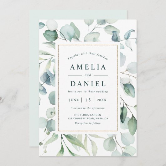 Etheral Eucalyptus Gold Greenery Wedding Kaart (Voorkant / Achterkant)