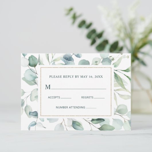 Etheral Eucalyptus Gold Greenery Wedding RSVP Kaartje (Staand voorkant)