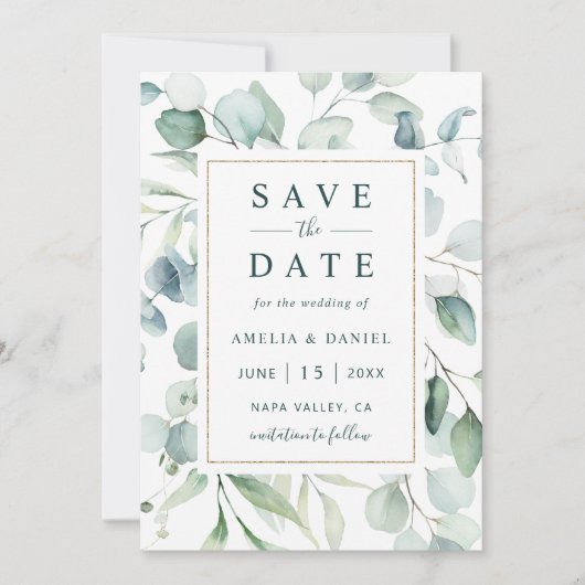 Etheral Eucalyptus Gold Greenery Wedding Save The Date (Voorkant)
