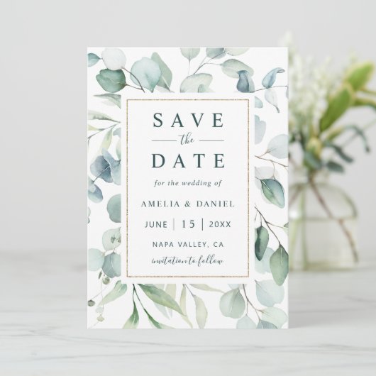 Etheral Eucalyptus Gold Greenery Wedding Save The Date (Staand voorkant)