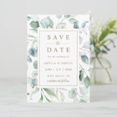 Etheral Eucalyptus Gold Script Greenery Wedding Save The Date (Staand voorkant)
