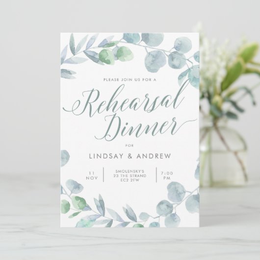 Etheral Eucalyptus Wedding Rehearsal Dinner Kaart (Staand voorkant)