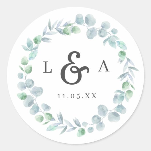 Etheral Eucalyptus Wreath Monogram Weddenschap Ronde Sticker (Voorkant)