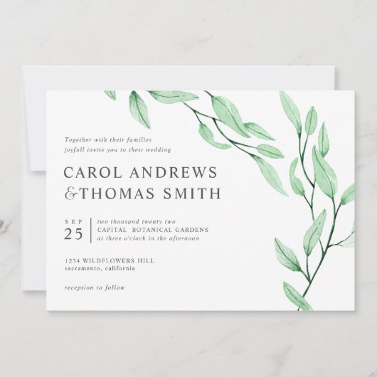 Etheral Green | Chic Botanical Leaves bruiloft Kaart (Voorkant)