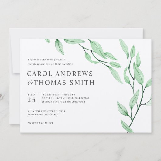 Etheral Green | Chic Botanical Leaves bruiloft Kaart (Voorkant)