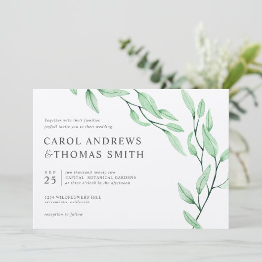 Etheral Green | Chic Botanical Leaves bruiloft Kaart (Staand voorkant)