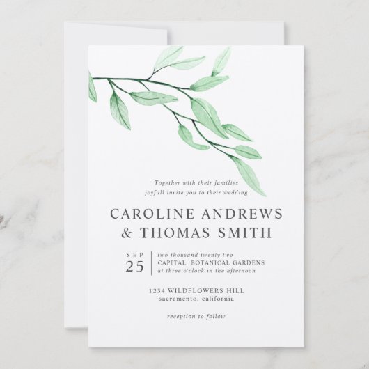 Etheral Green | Chic Botanical Leaves bruiloft Kaart (Voorkant)