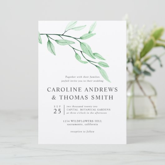 Etheral Green | Chic Botanical Leaves bruiloft Kaart (Staand voorkant)