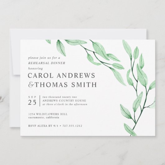 Etheral Green | Chic Botanical Rehearsal Dinner Kaart (Voorkant)