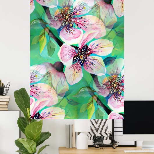 Etheral Japanse Sakura Cherry Tree Flowers Poster (Thuiskantoor)