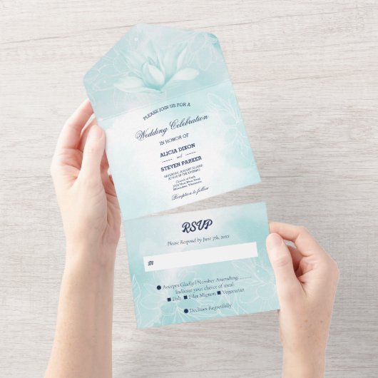 Etheral Magnolia Flower, Wedding All In One Uitnodiging (Afscheurbaar)