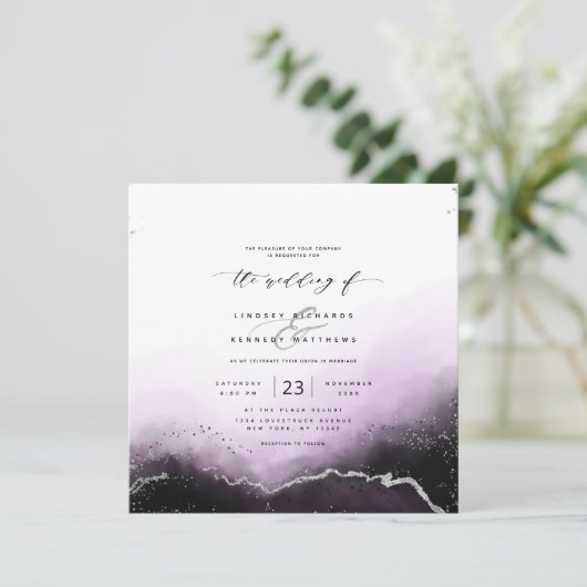 Etheral Mist Ombre Violet Luxury Square Wedding Kaart (Staand voorkant)