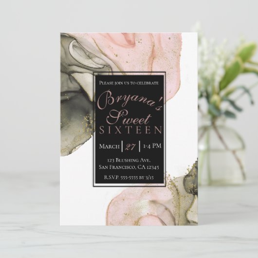 Etheral Moody Pink Black Gold Inky Glam Sweet 16 Kaart (Staand voorkant)