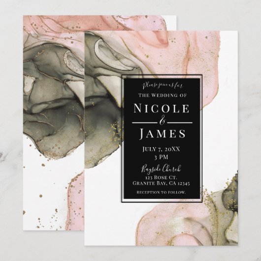 Etheral Moody Pink Black Gold Inky Wedding Kaart (Voorkant / Achterkant)