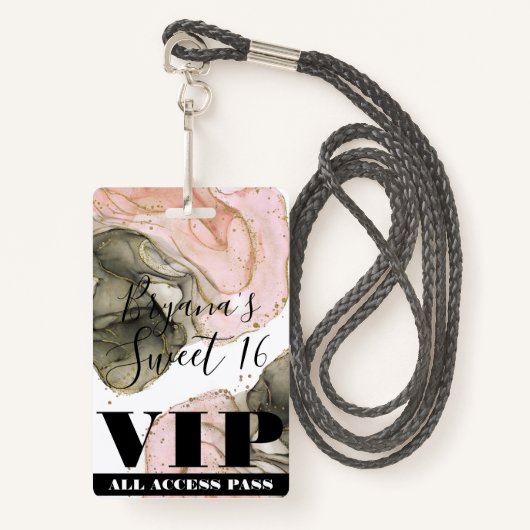 Etheral Moody Pink Black Gold VIP Party Pass Badge (Voorkant met draagriem)