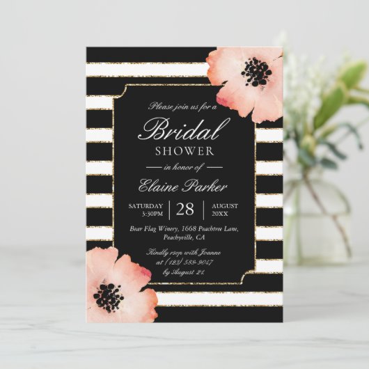 Etheral Peach Magnolia Stripe Wedding Black White Kaart (Staand voorkant)