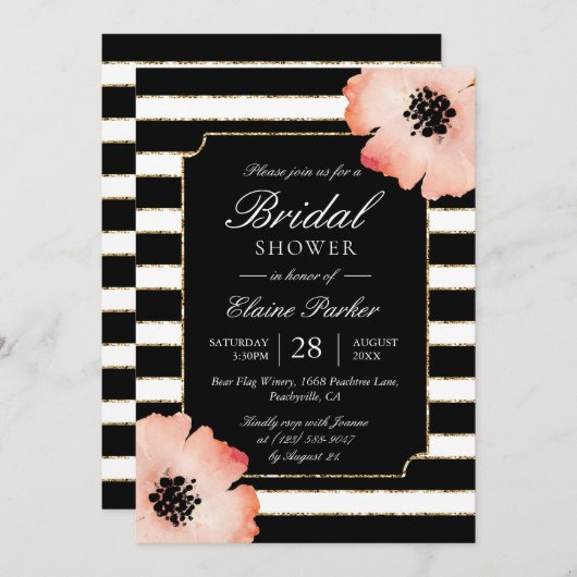 Etheral Peach Magnolia Stripe Wedding Black White Kaart (Voorkant / Achterkant)