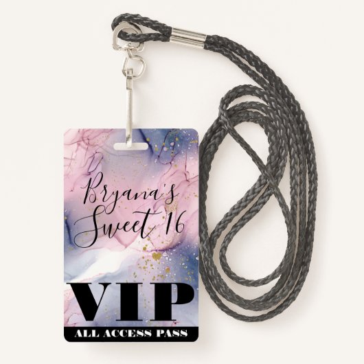 Etheral Periwinkle Pink Gold Inky Fantasy VIP Badge (Voorkant met draagriem)
