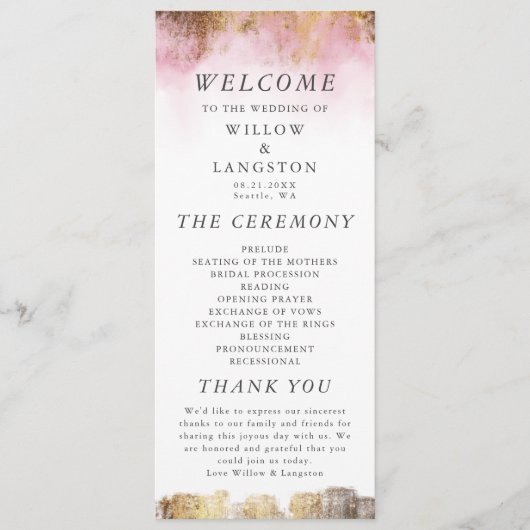 Etheral Pink-Waterverf en Gold Wedding-ceremonie Programmakaart (Voorkant)