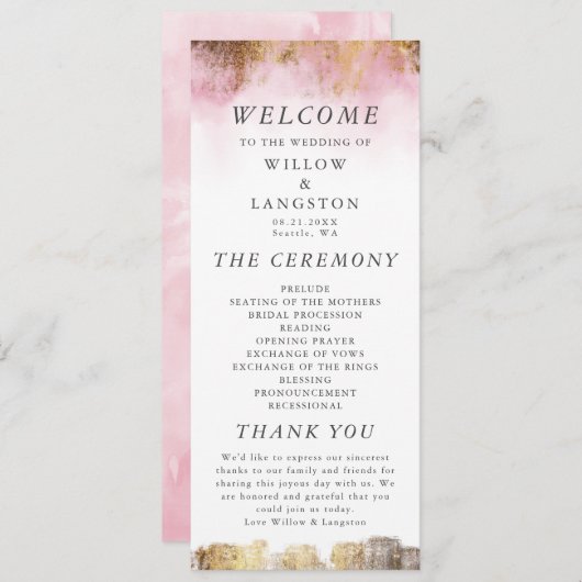 Etheral Pink-Waterverf en Gold Wedding-ceremonie Programmakaart (Voorkant / Achterkant)